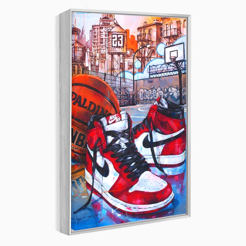 Tablou canvas cu tablou canvas cu adidasi si baschet, in rama de aluminiu argintiu